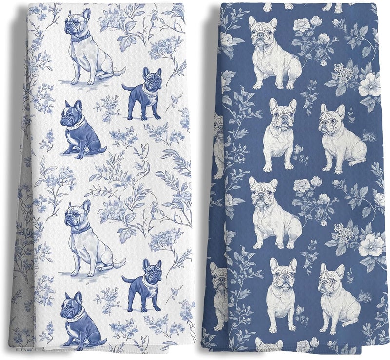 Nipil Chinoiserie French Bulldog Kitchen Towels, Blue and White Floral Botanical Grandmillennial Dog Decor Dish Tea Towels, French Bulldog Gifts Hand Towels for Kitchen Bathroom, 16x24 Inch - Image 1
